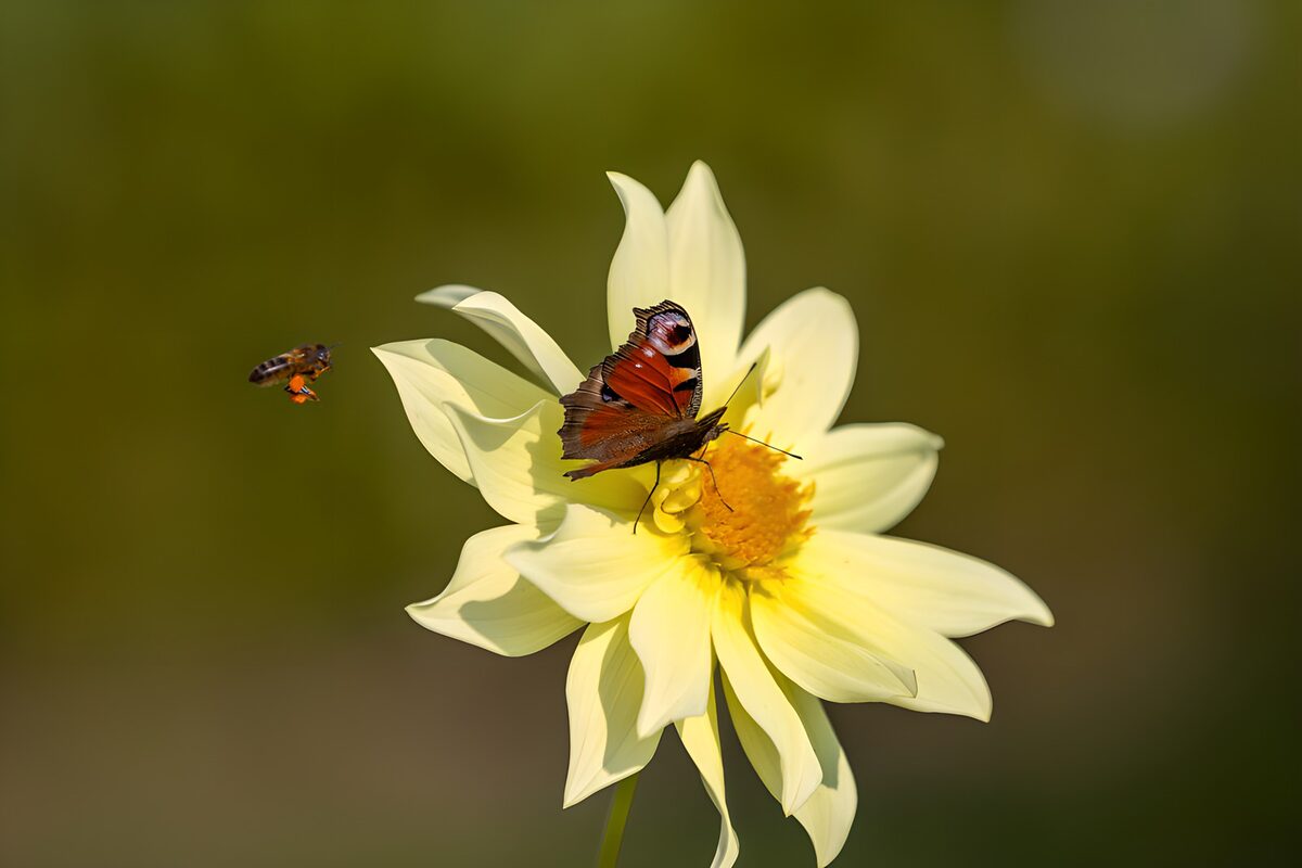 Butterfly and Bee on Yellow Flower
