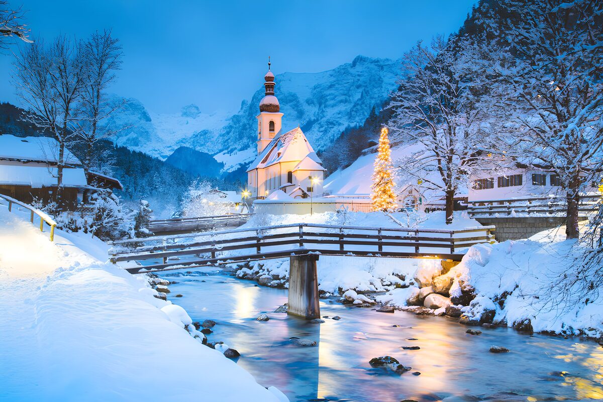Snowy Village Charm at Dusk