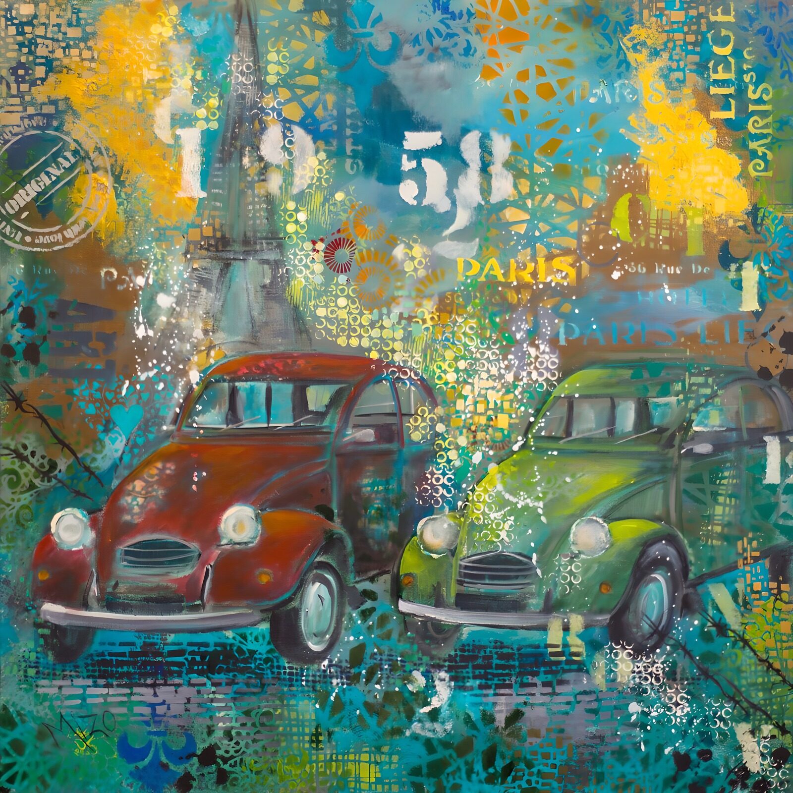 OCCOM1700032: Vintage Parisian Cars in Colorful Abstract