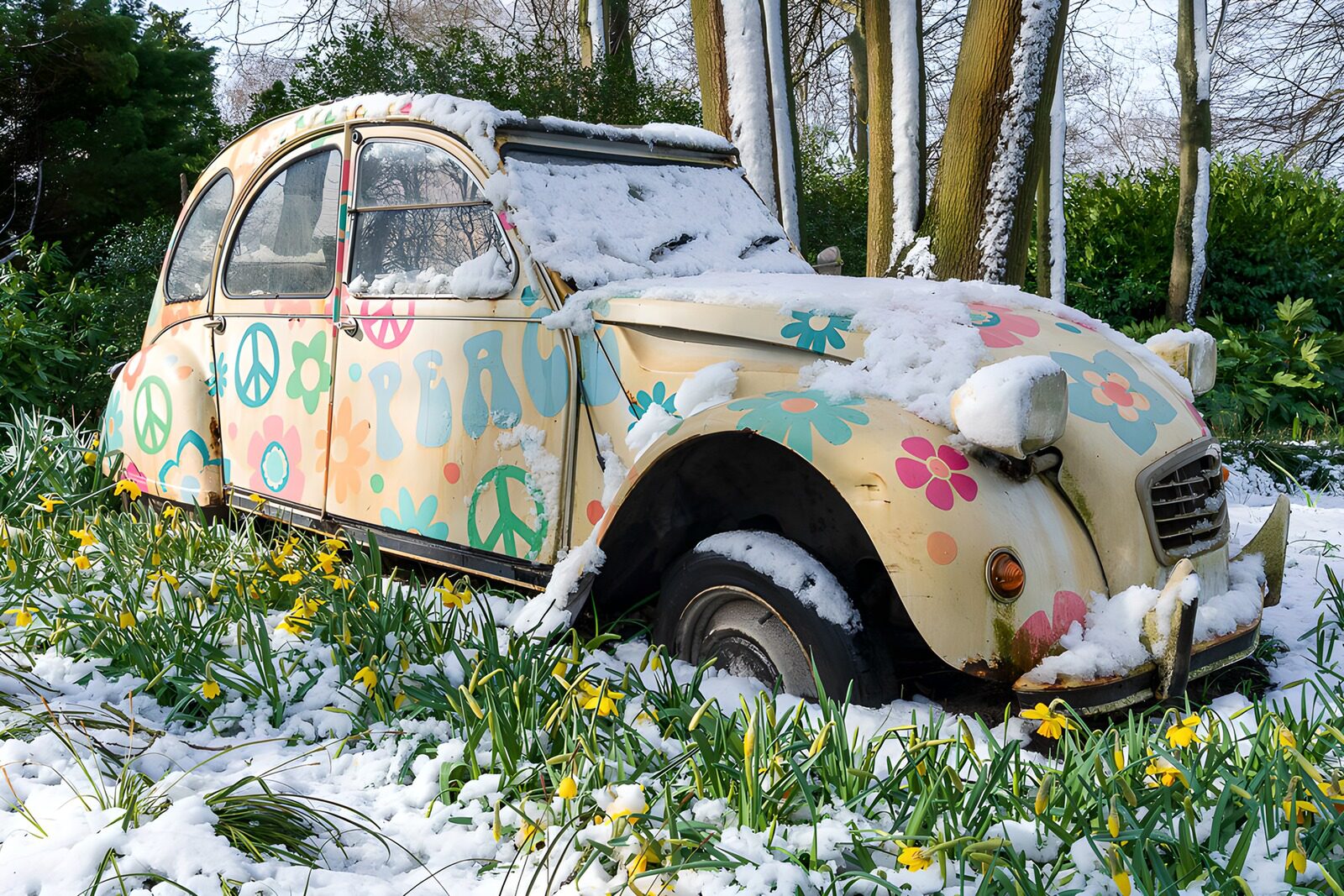 OCCOM6926358: Colorful Vintage Car in Winter Wonderland
