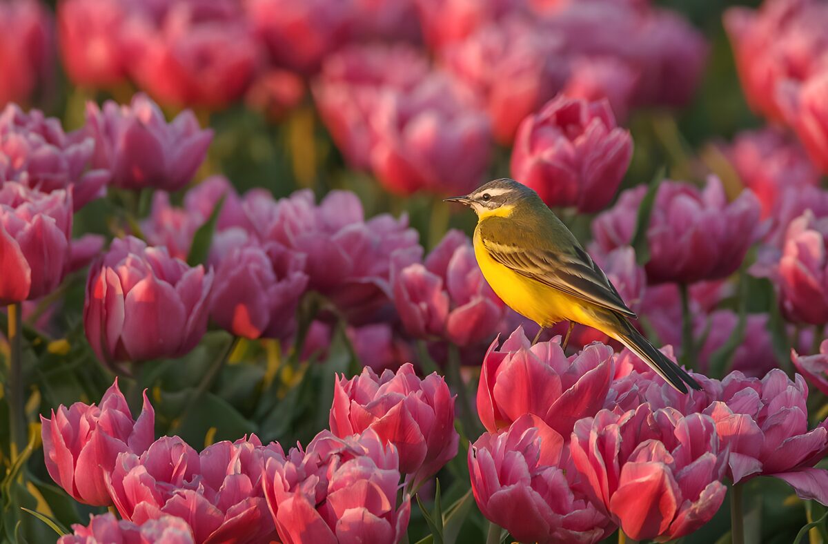 Bird Among Blooming Tulips