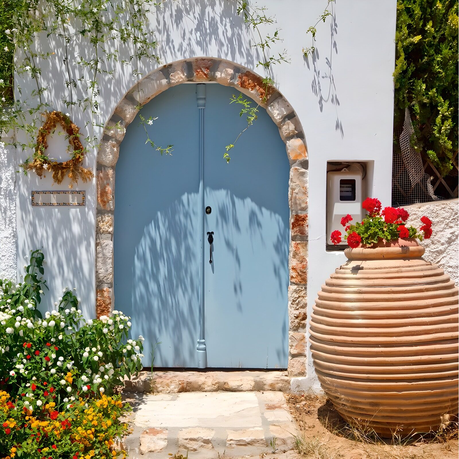 OCCOM1792484: Serene Blue Doorway with Flower Pots