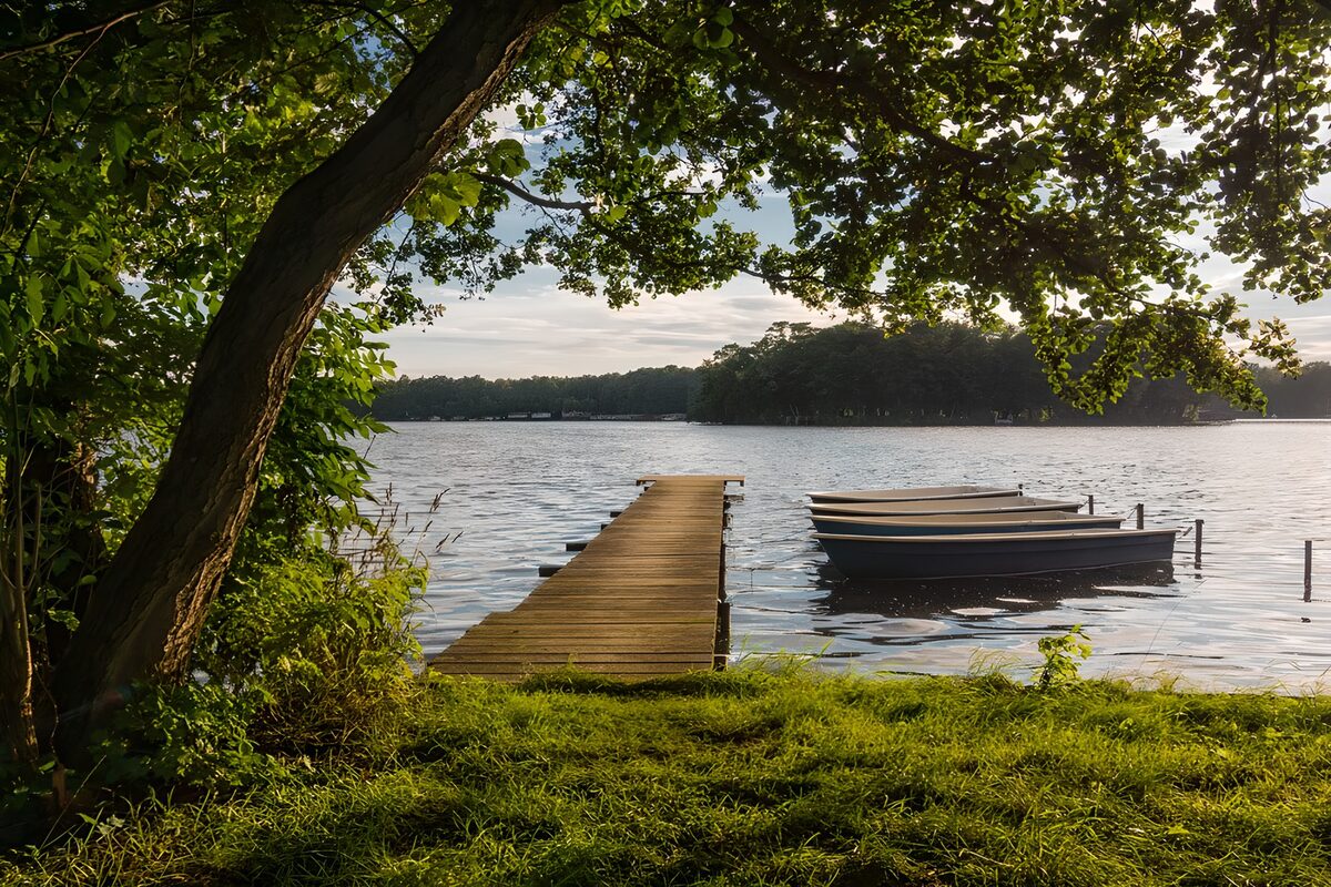 Tranquil Lake Dock at Sunrise