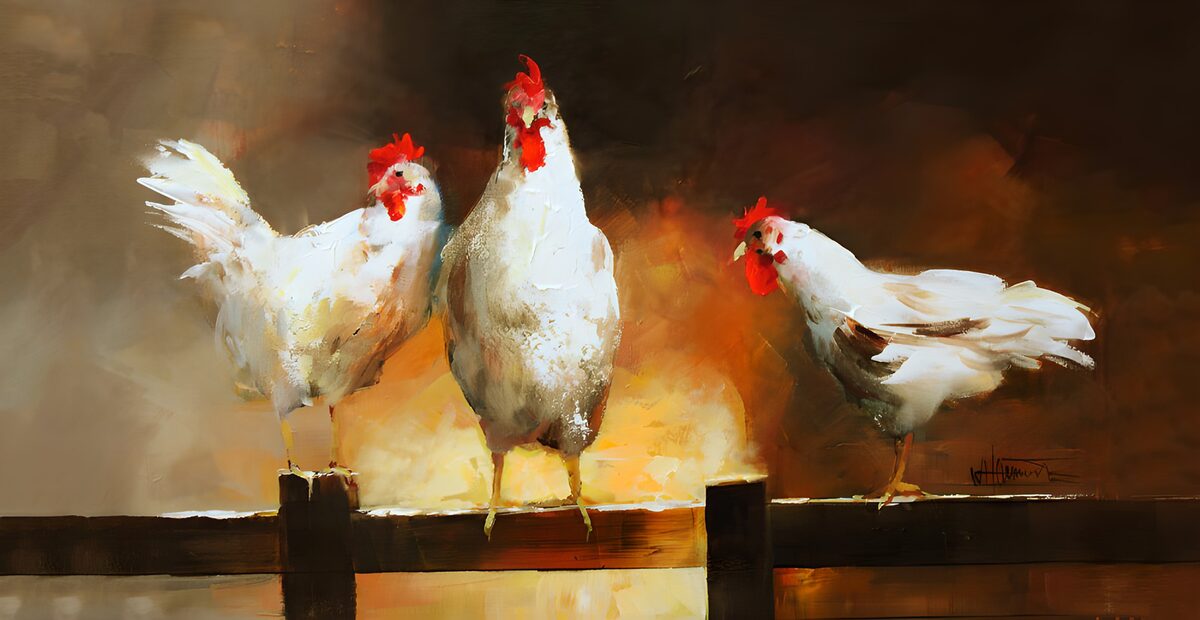 Three Chickens on a Fence
