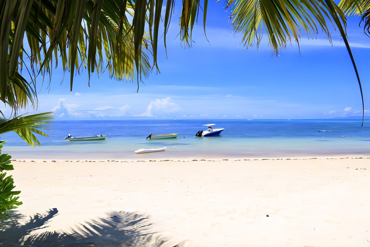 OCCOM9506197: Tranquil Beach with Boats Under Blue Skies