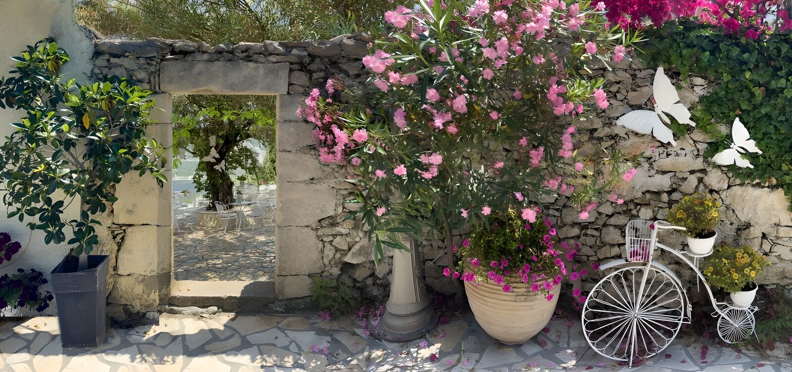 OCCOM7661022: See-through old wall with passage to patio and old bicycle with flowers