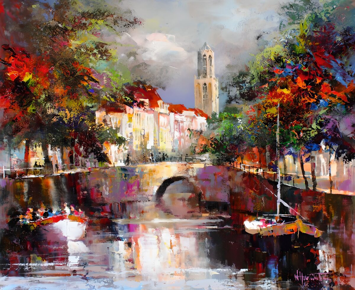 Vibrant Waterscape with Historic Tower