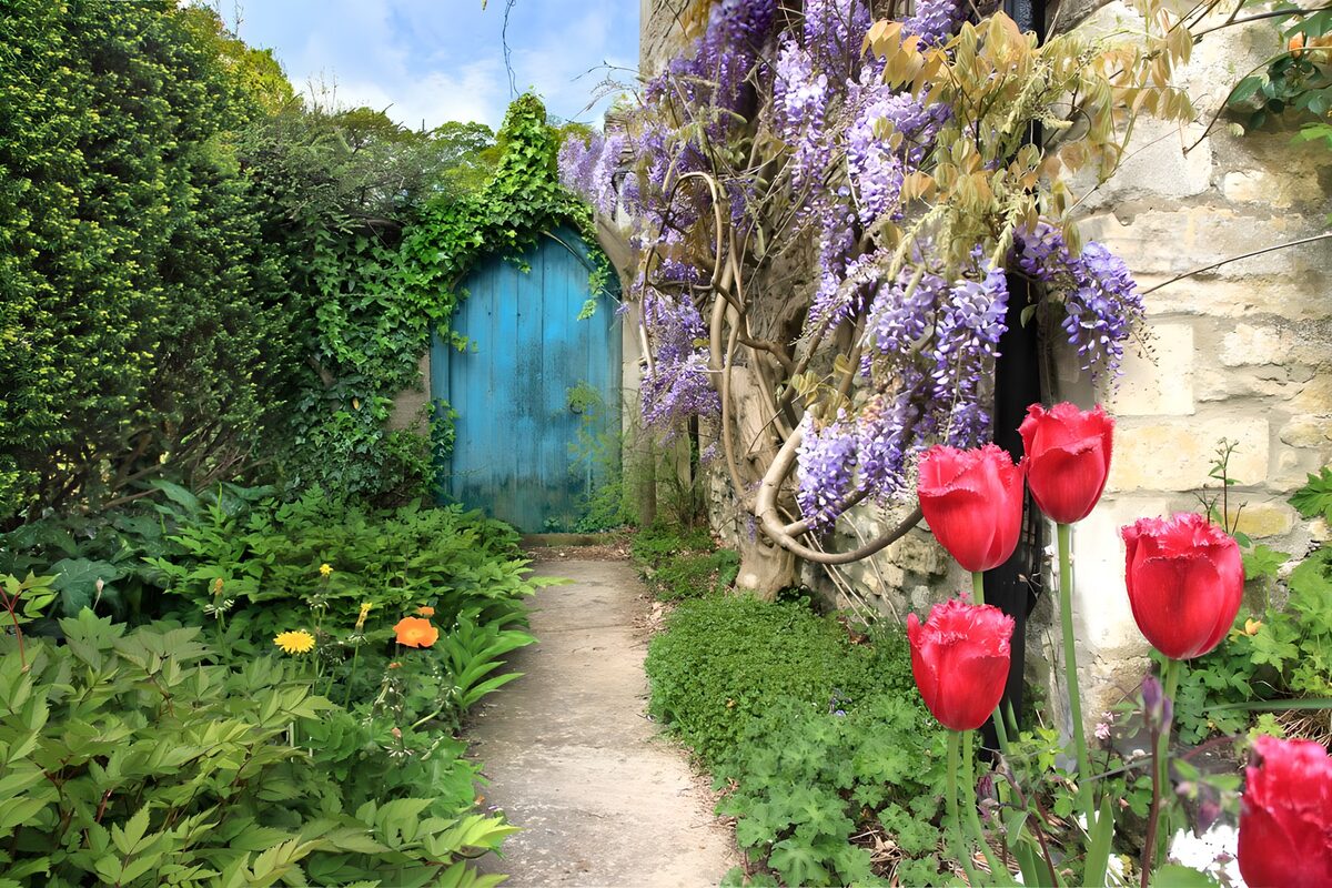 Charming Garden with Blue Door and Blooms