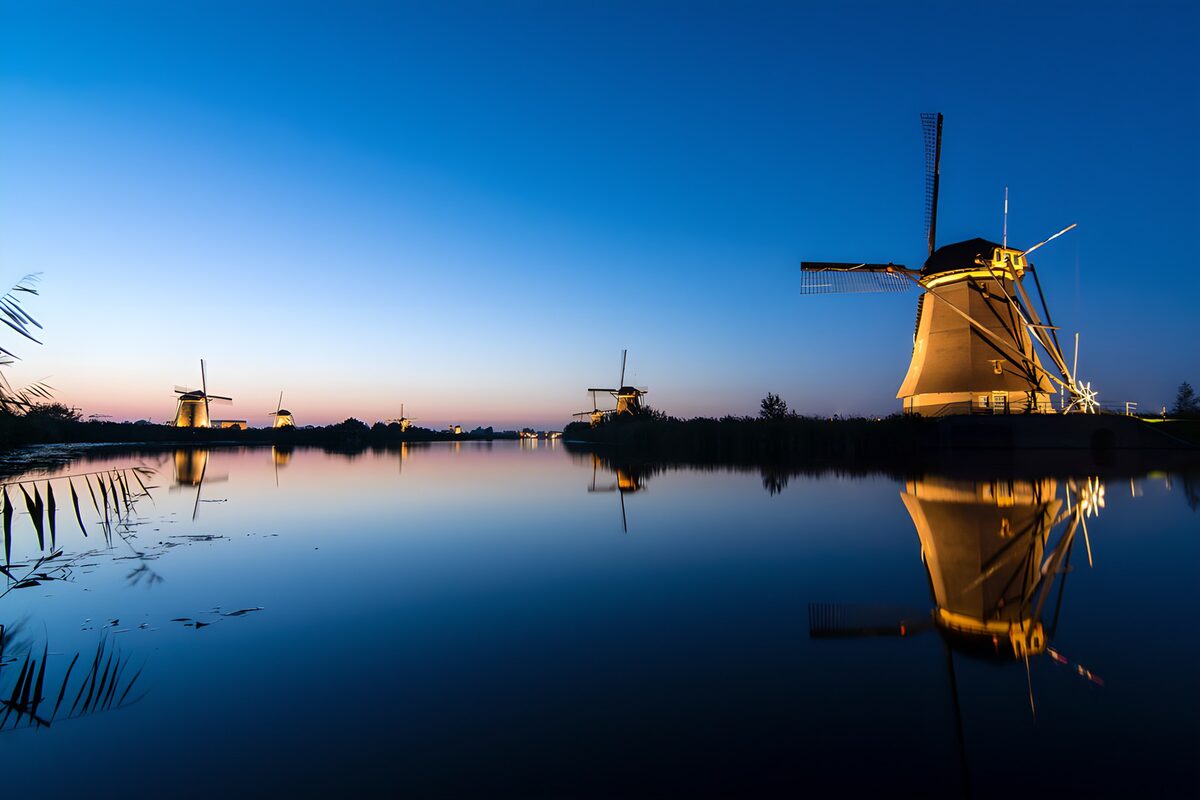 Reflecting Windmills at Dusk