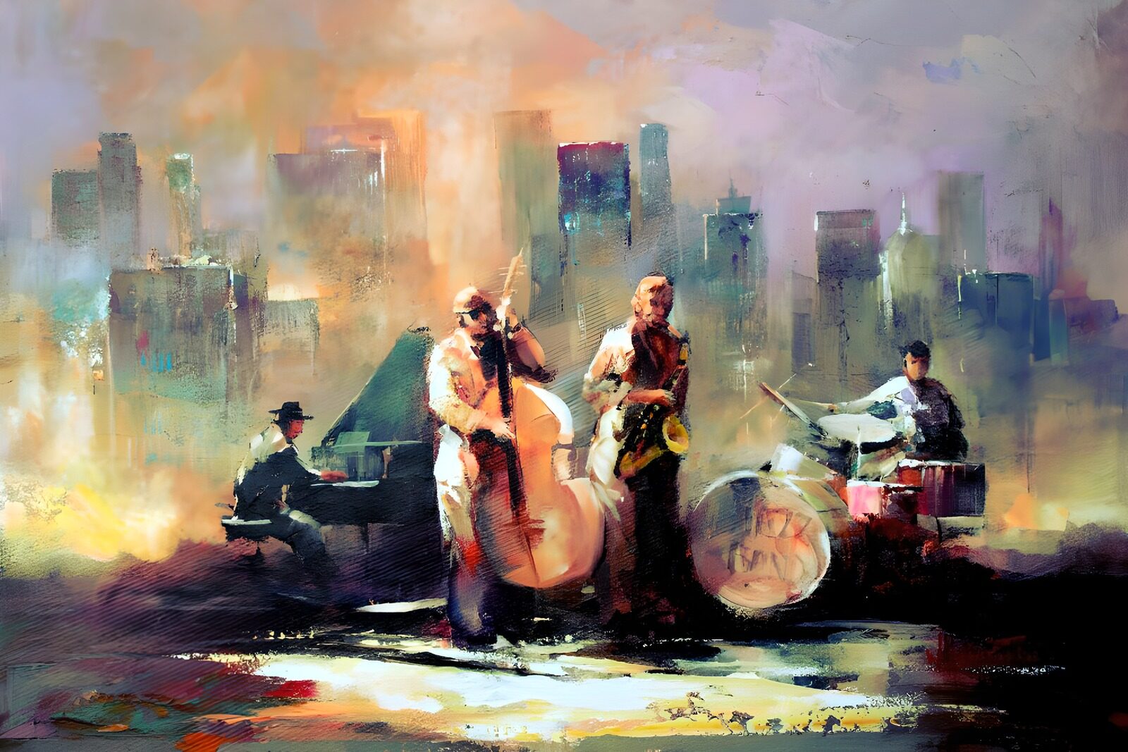 OCCOM5210125: Vibrant Jazz Ensemble in Cityscape