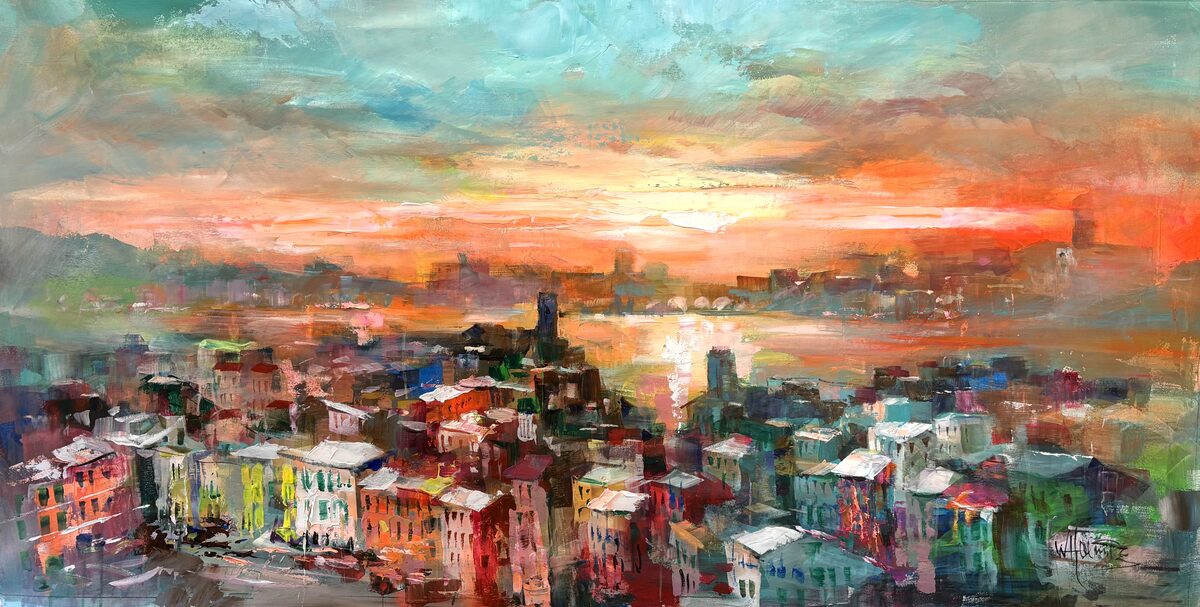 colorful coastal city sunset painting