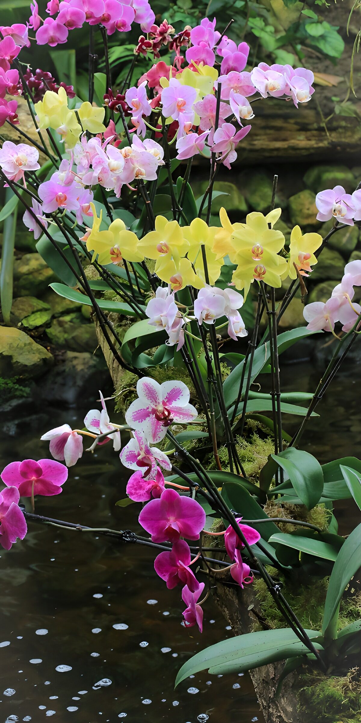 OCCOM4101342: Vibrant Orchid Blooms by a Tranquil Pond