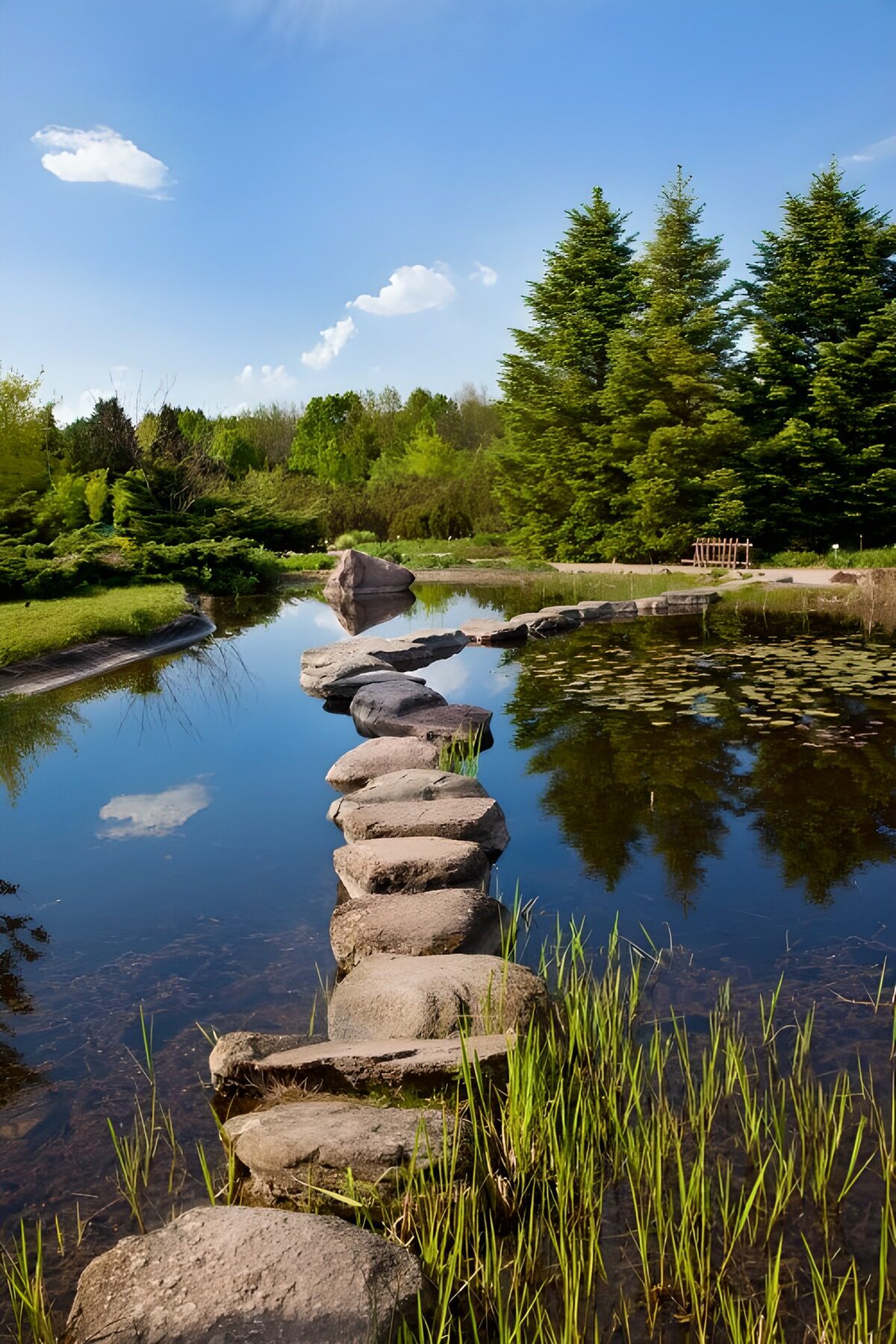 Serene Stone Pathway Across Still Waters