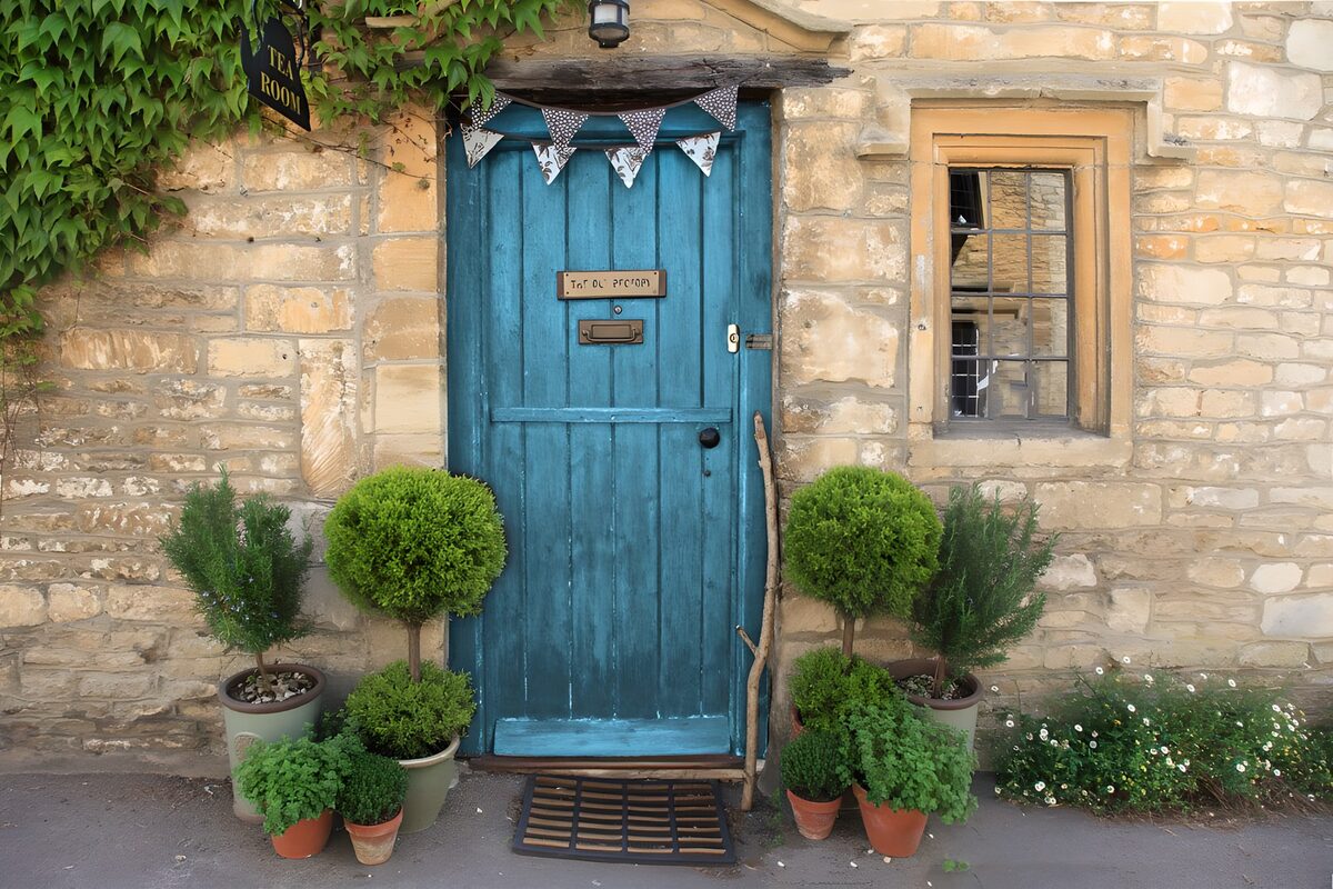 Charming Blue Doorway with Garden Pots