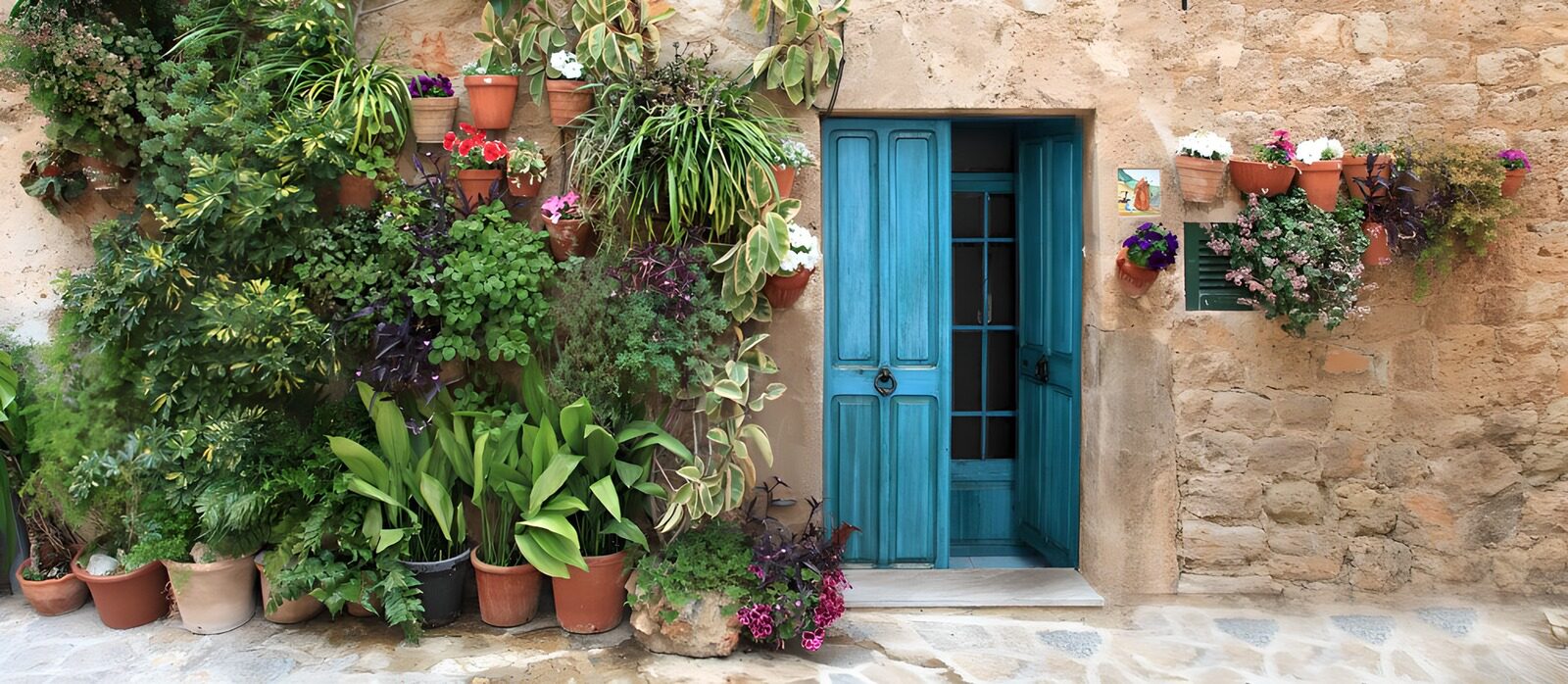 OCCOM3963812: Charming Blue Doorway Surrounded by Greenery