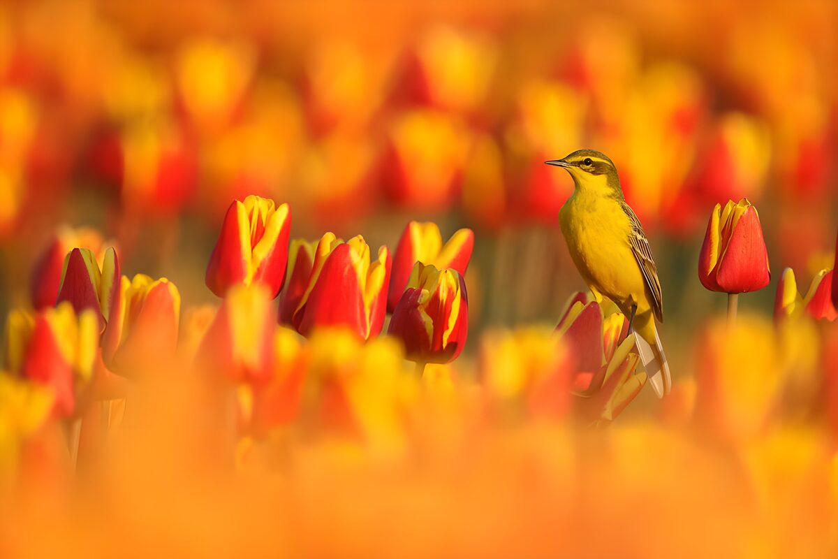 OCCOM1835344: Yellow Bird Amidst Colorful Tulips