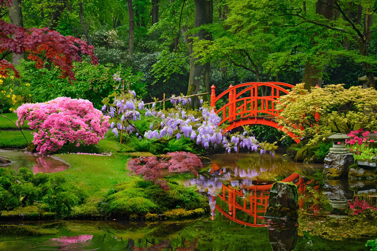 OCCOM8734891: Serene Garden with Red Bridge