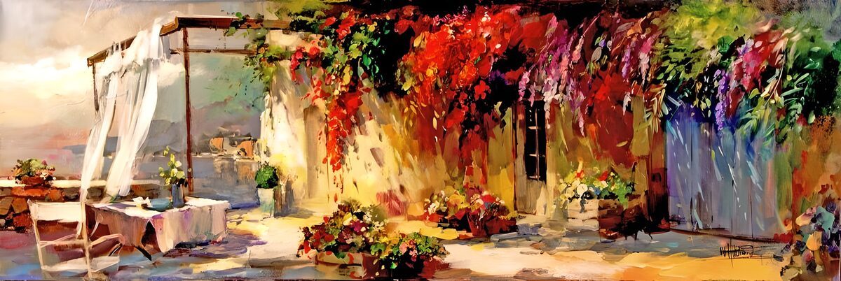 Colorful Terrace with Blossoming Vines