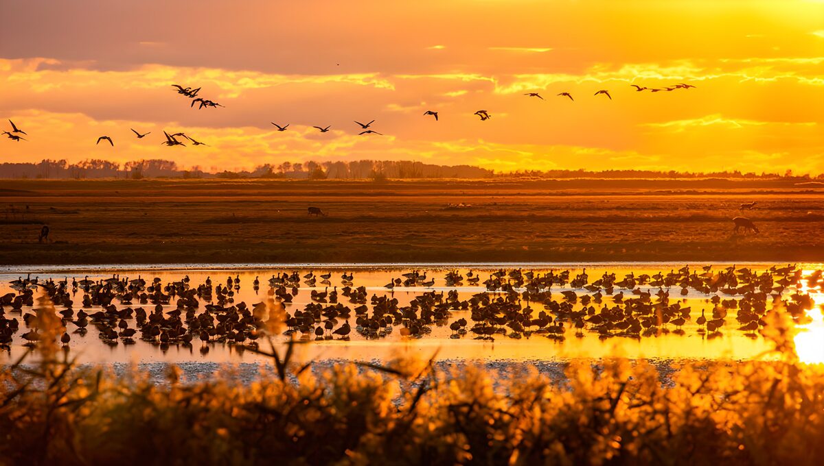 Serene Sunset Over Lakeside Flock
