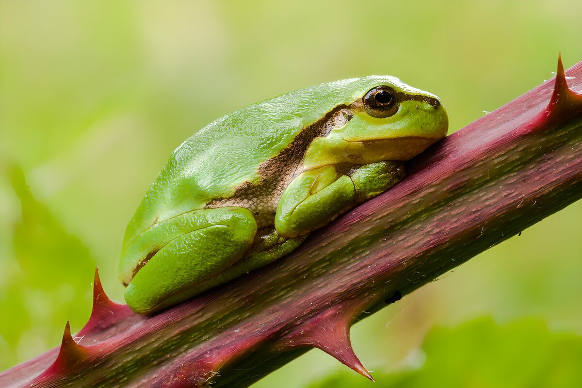 Green Frog on Thorny Stem