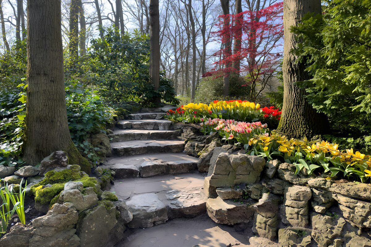 Garden in keukenhof Netherlands with path up surrounded by flowers and plants