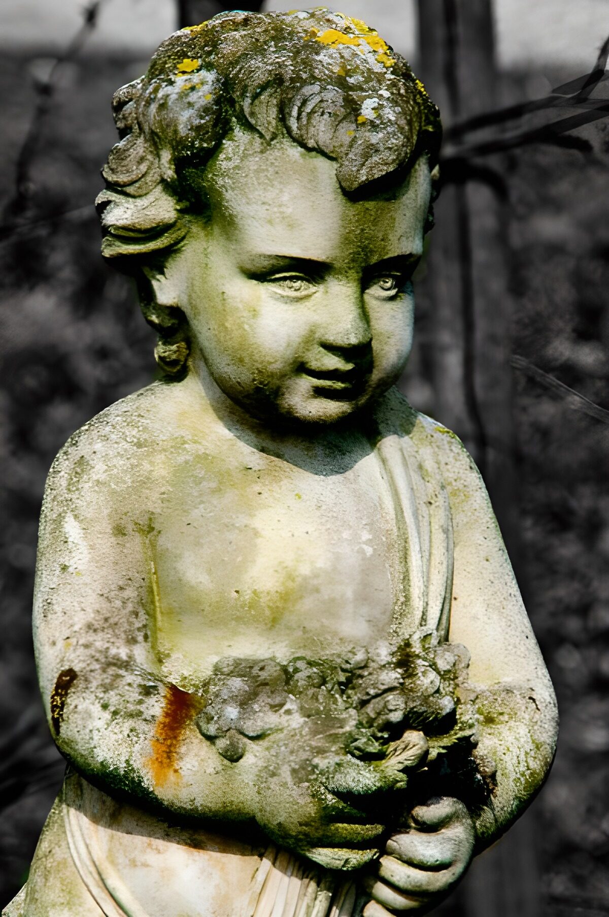 Weathered Cherub Holding Flowers