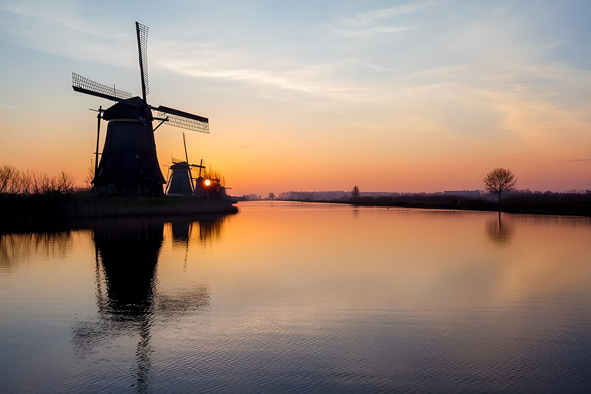 Tranquil Sunset over Windmills