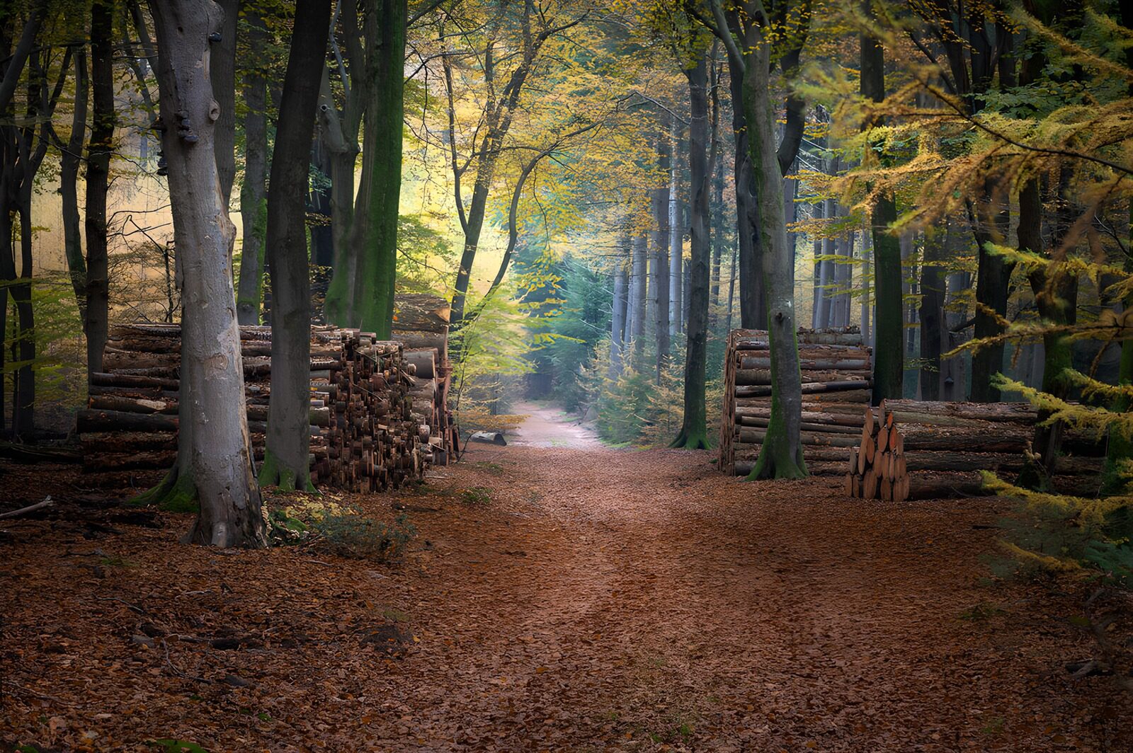 OCCOM7746350: Serene Forest Pathway with Timber Stacks