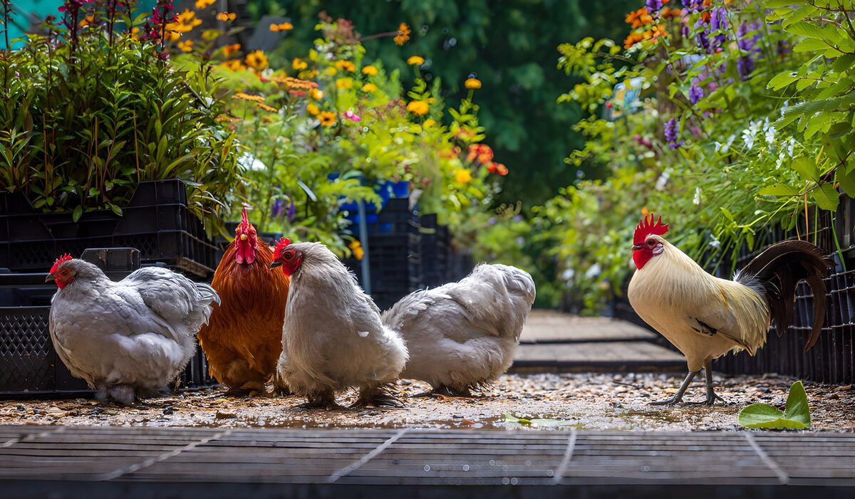 Backyard Chickens in a Flower Garden