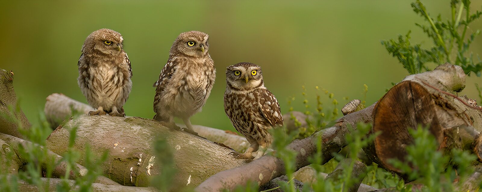 OCCOM8506628: Three Curious Owls on a Log