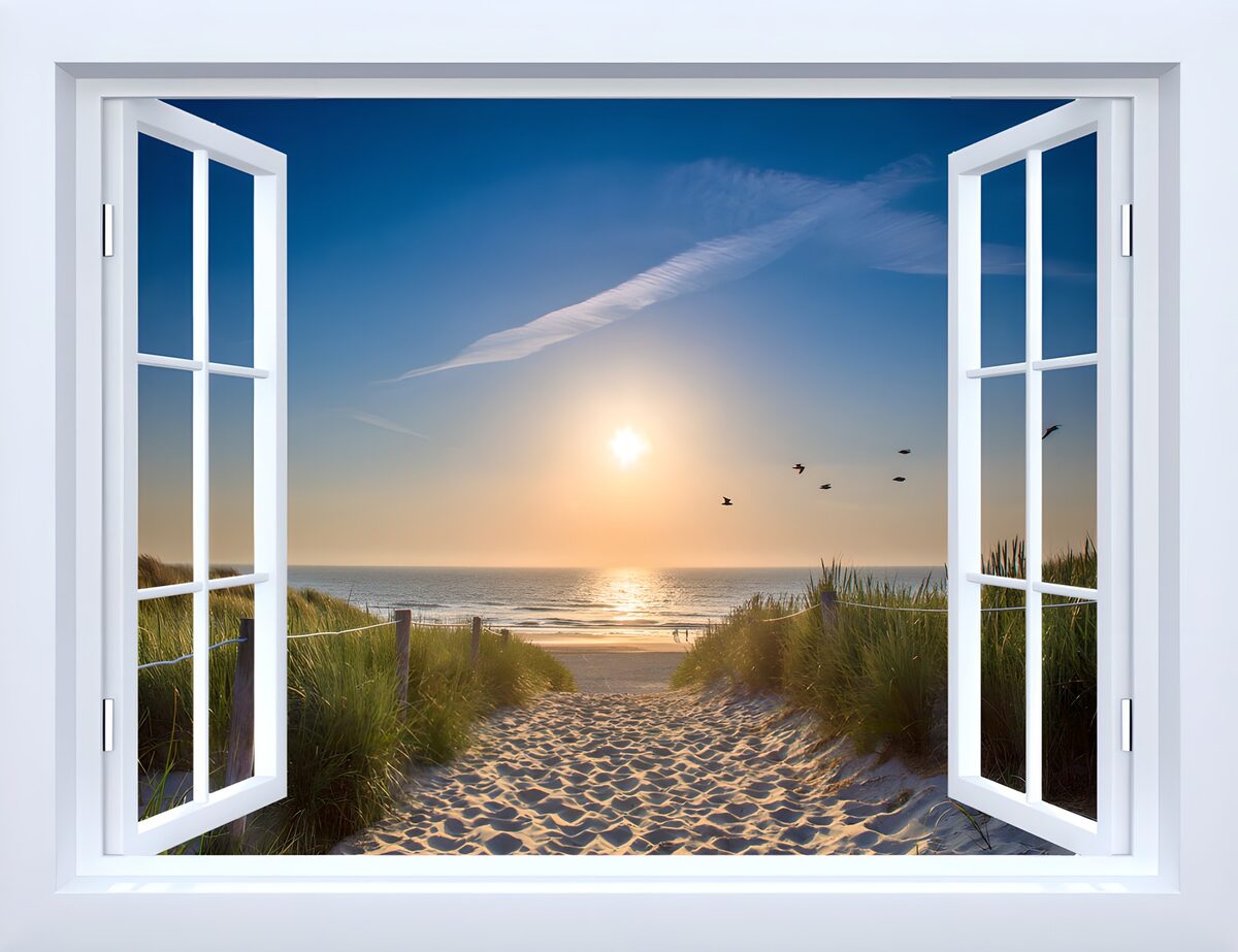 Serene Beach View Through a Window