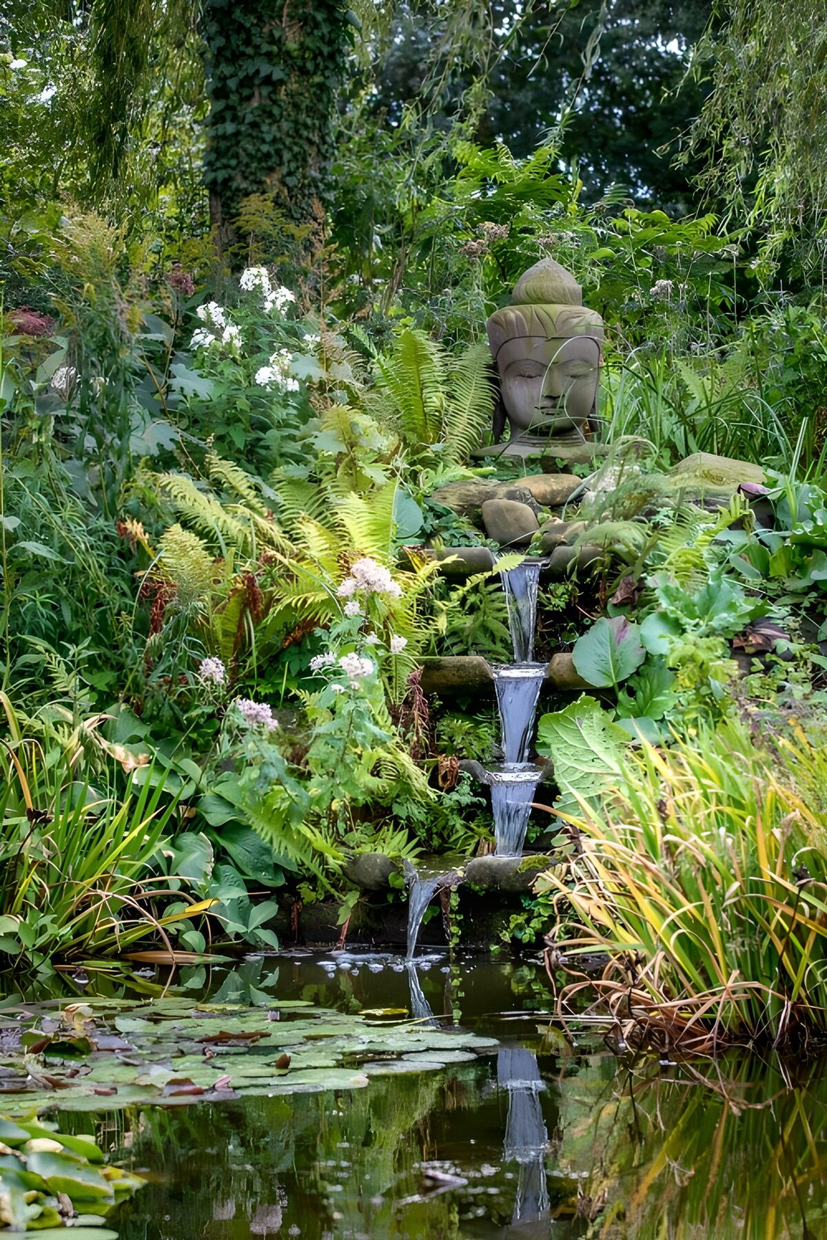 Serene Garden Waterfall with Buddha