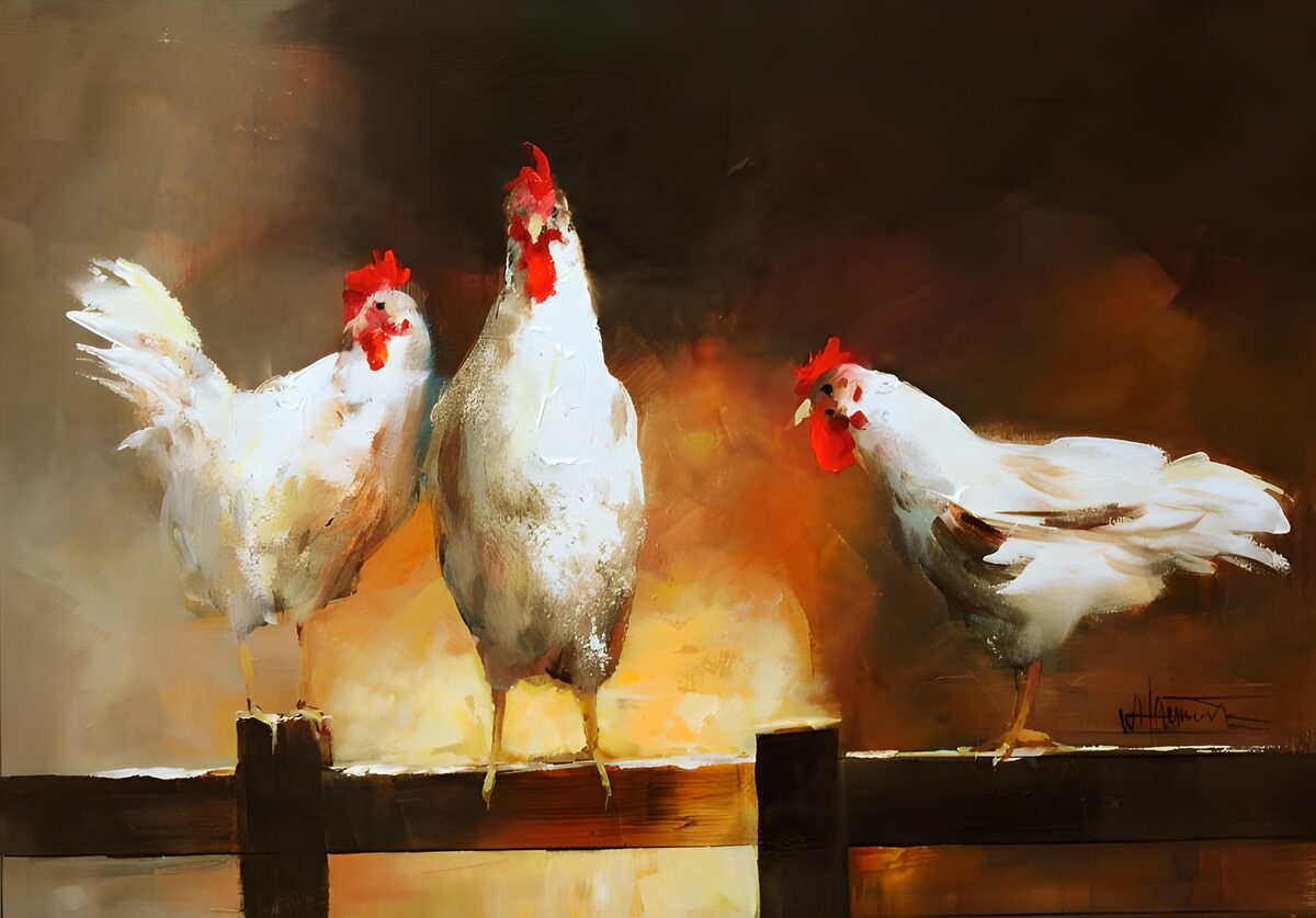 Three Chickens on a Fence