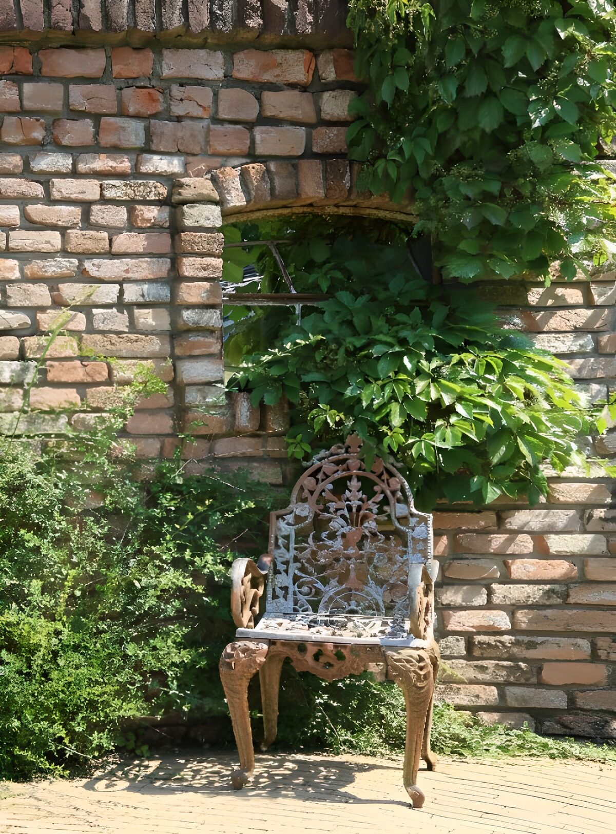 OCCOM3640250: Rustic Garden Chair by Brick Wall