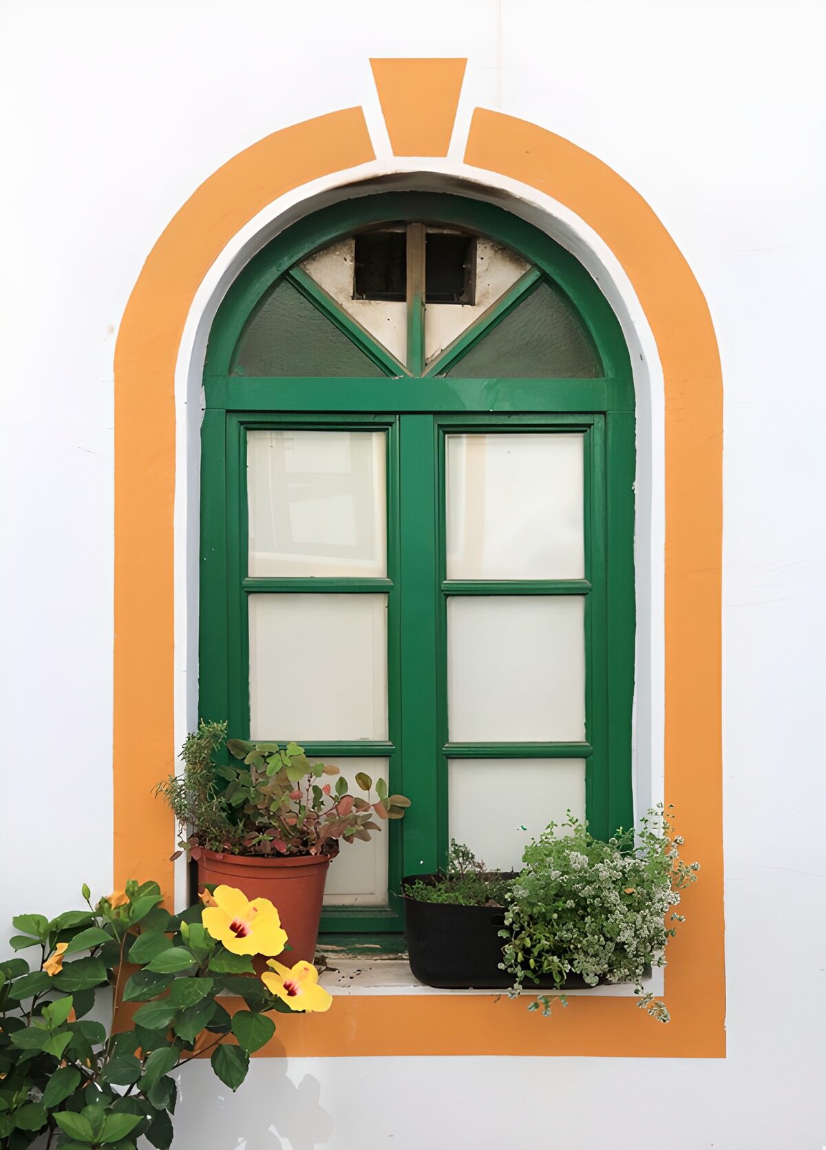 Colorful Green Window with Flower Pots