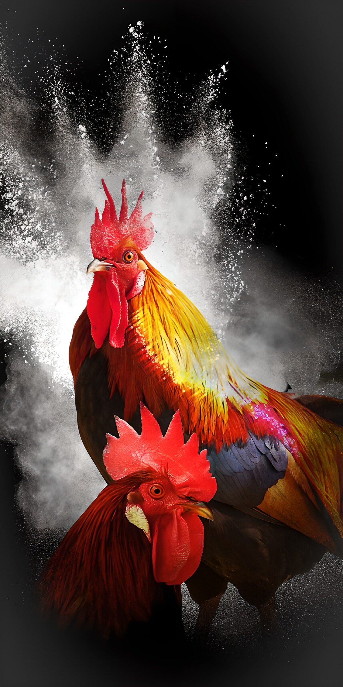 OCCOM2606120: Vibrant Roosters in Dramatic Contrast