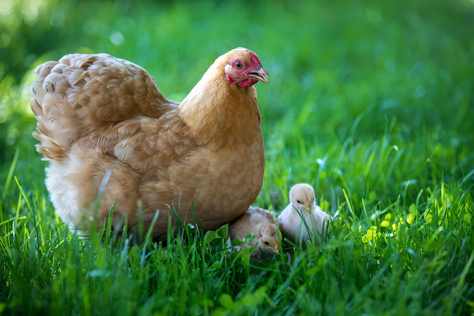 OCCOM4674399: Mother Hen and Her Chicks in Green Grass