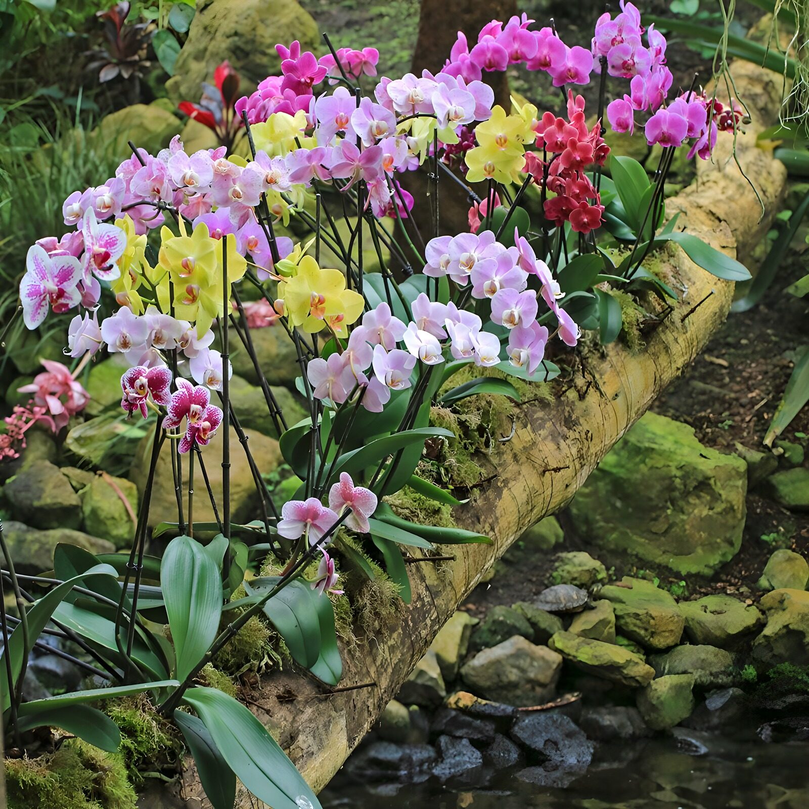 OCCOM1848356: Vibrant Orchids on a Rustic Log