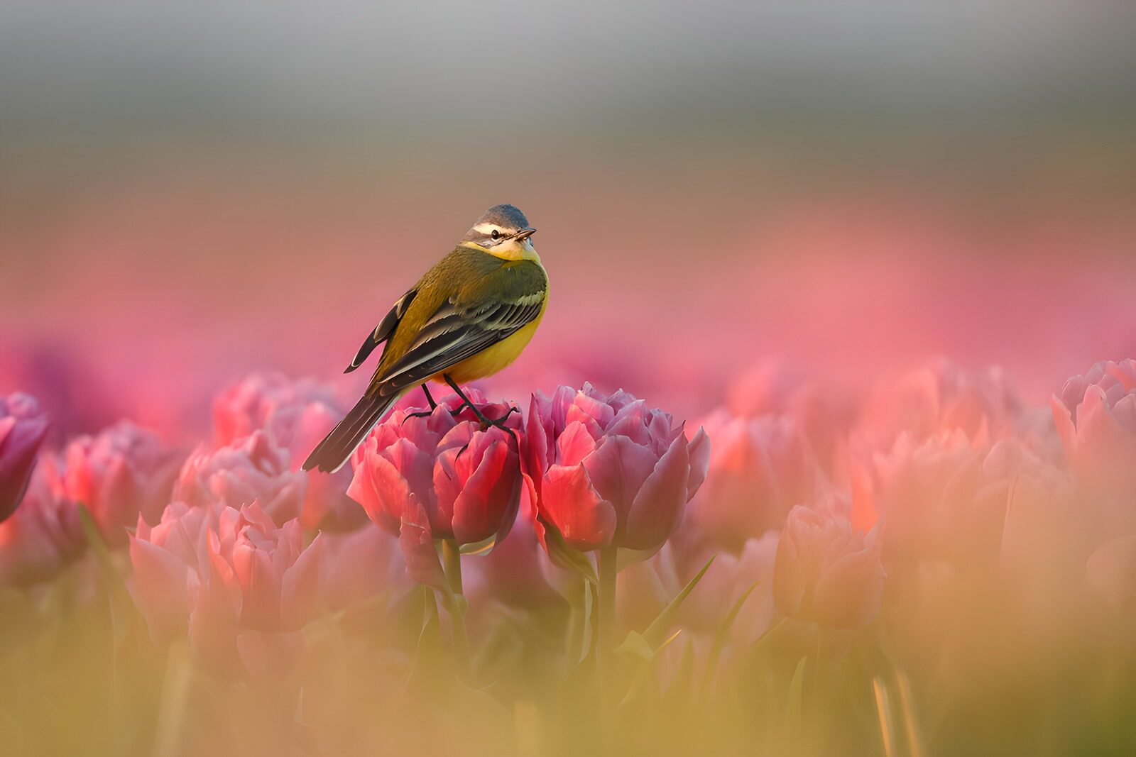 OCCOM7959727: Bird Among Tulips at Dawn