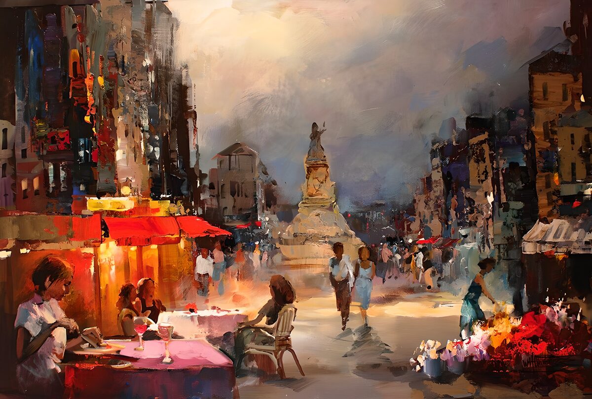 Evening Stroll in a Vibrant City Square