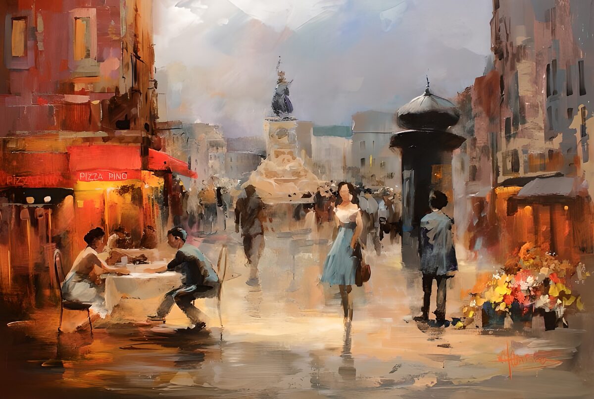 Evening Stroll in a Vibrant City Square
