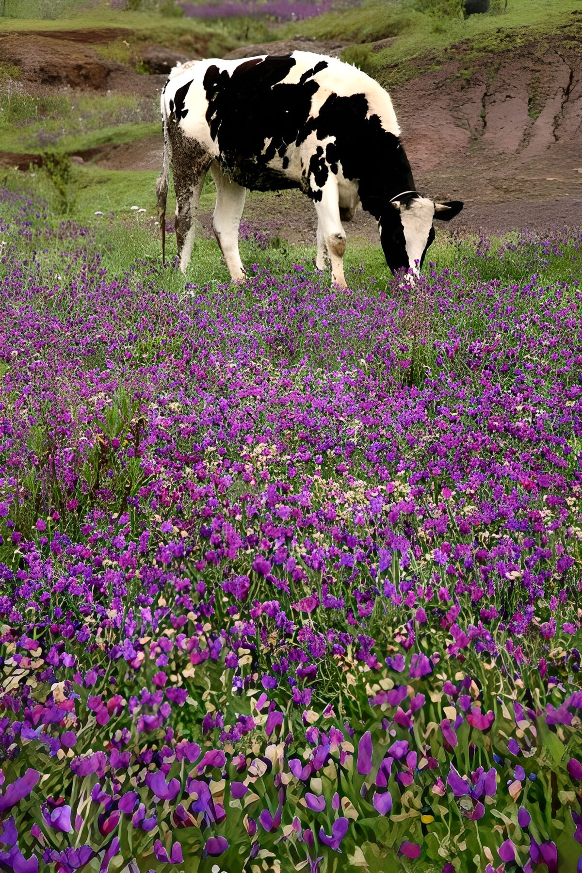 Cow Grazing in a Field of Purple Flowers