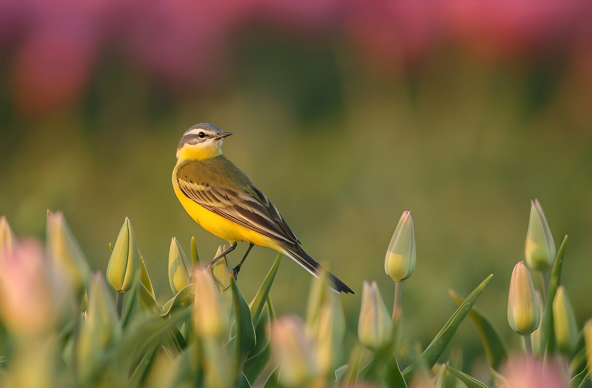 OCCOM3990658: Vibrant Yellow Bird Among Tulips
