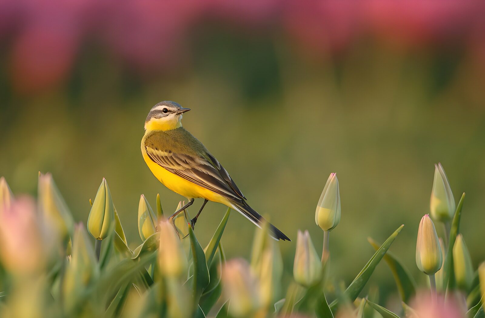 OCCOM3990658: Vibrant Yellow Bird Among Tulips