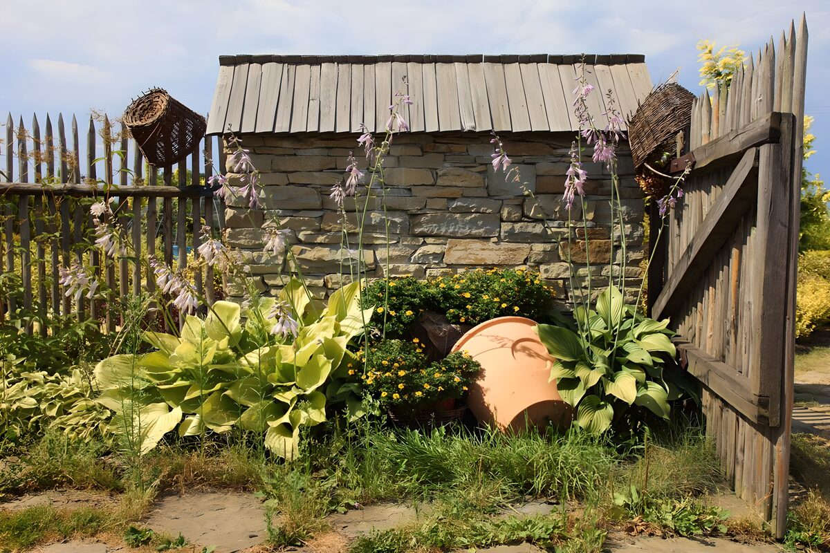 Charming Garden Gate with Stone Shed