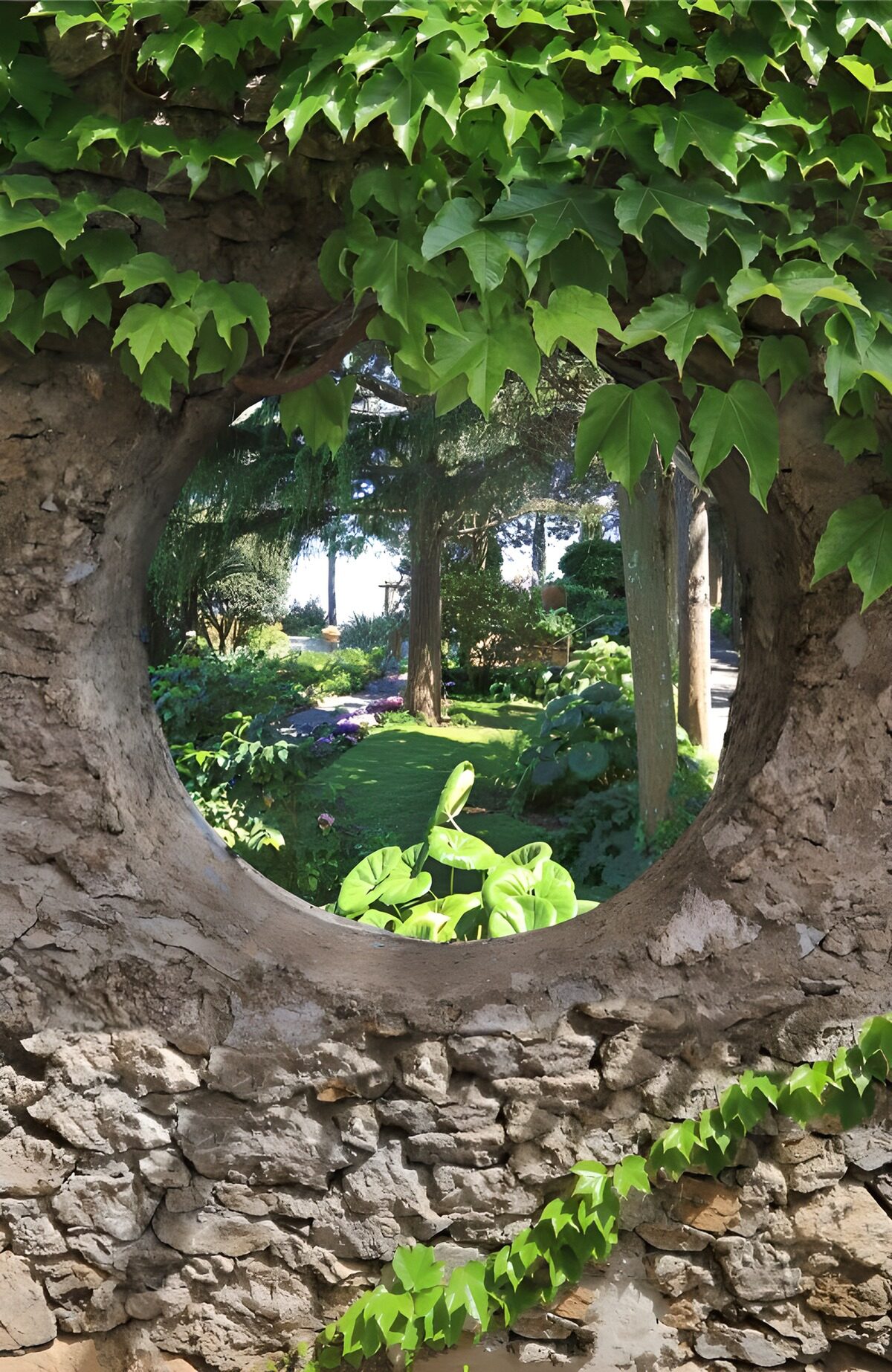 Serene Garden View Through Stone Arch