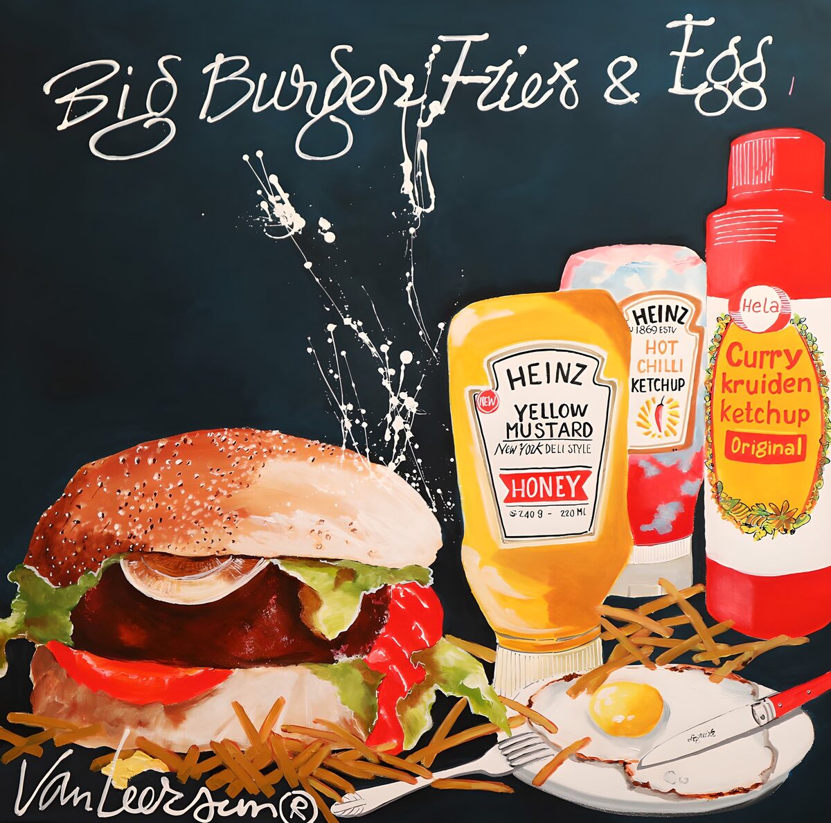 Delicious Burger with Fries and Condiments