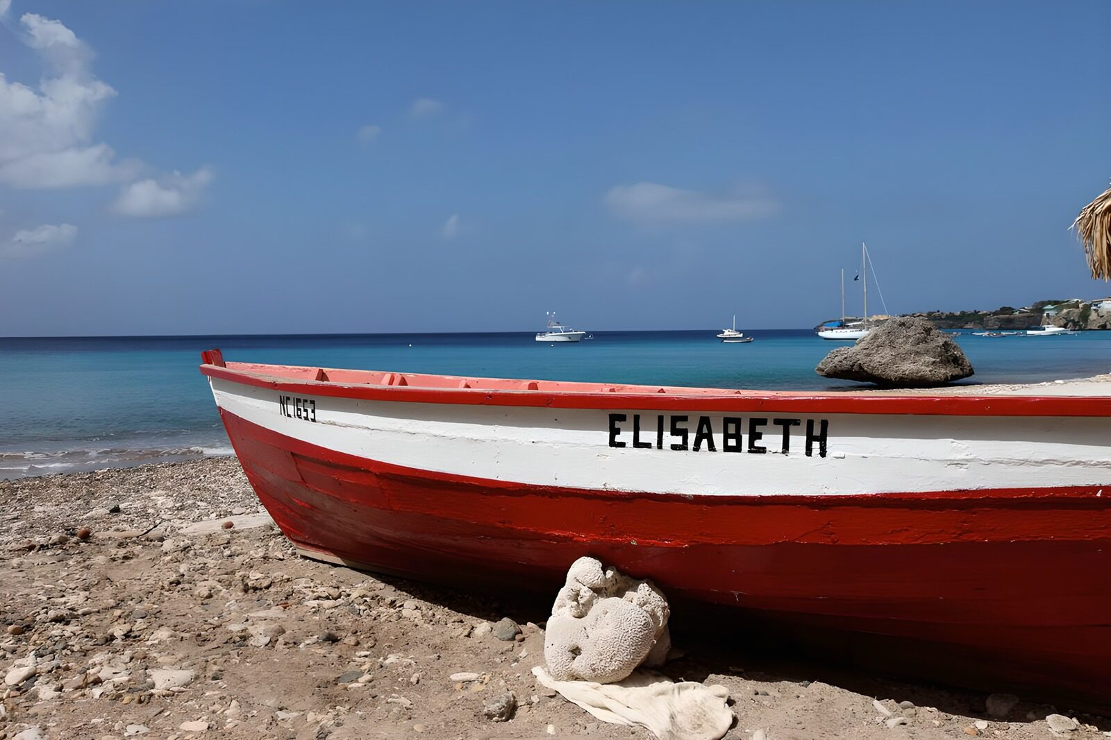 OCCOM2489797: Tranquil Shoreline with a Colorful Boat