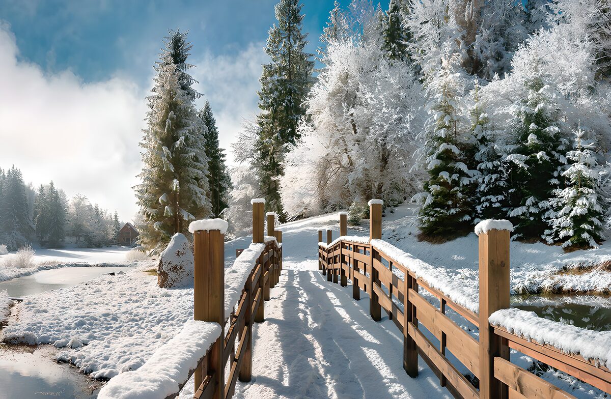 Serene Winter Bridge in a Snowy Landscape