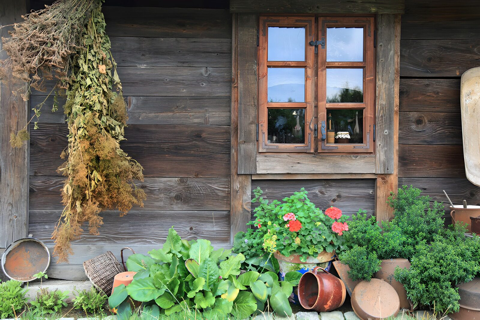 OCCOM1328861: Rustic Wooden Window with Garden Accents
